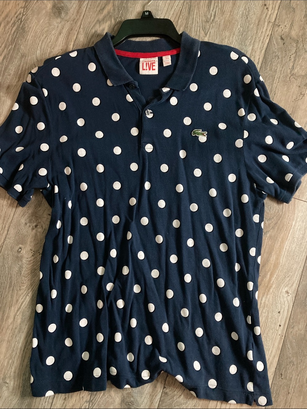 Lacoste Navy Polo with White Polka Dots and Embroidered Crocodile